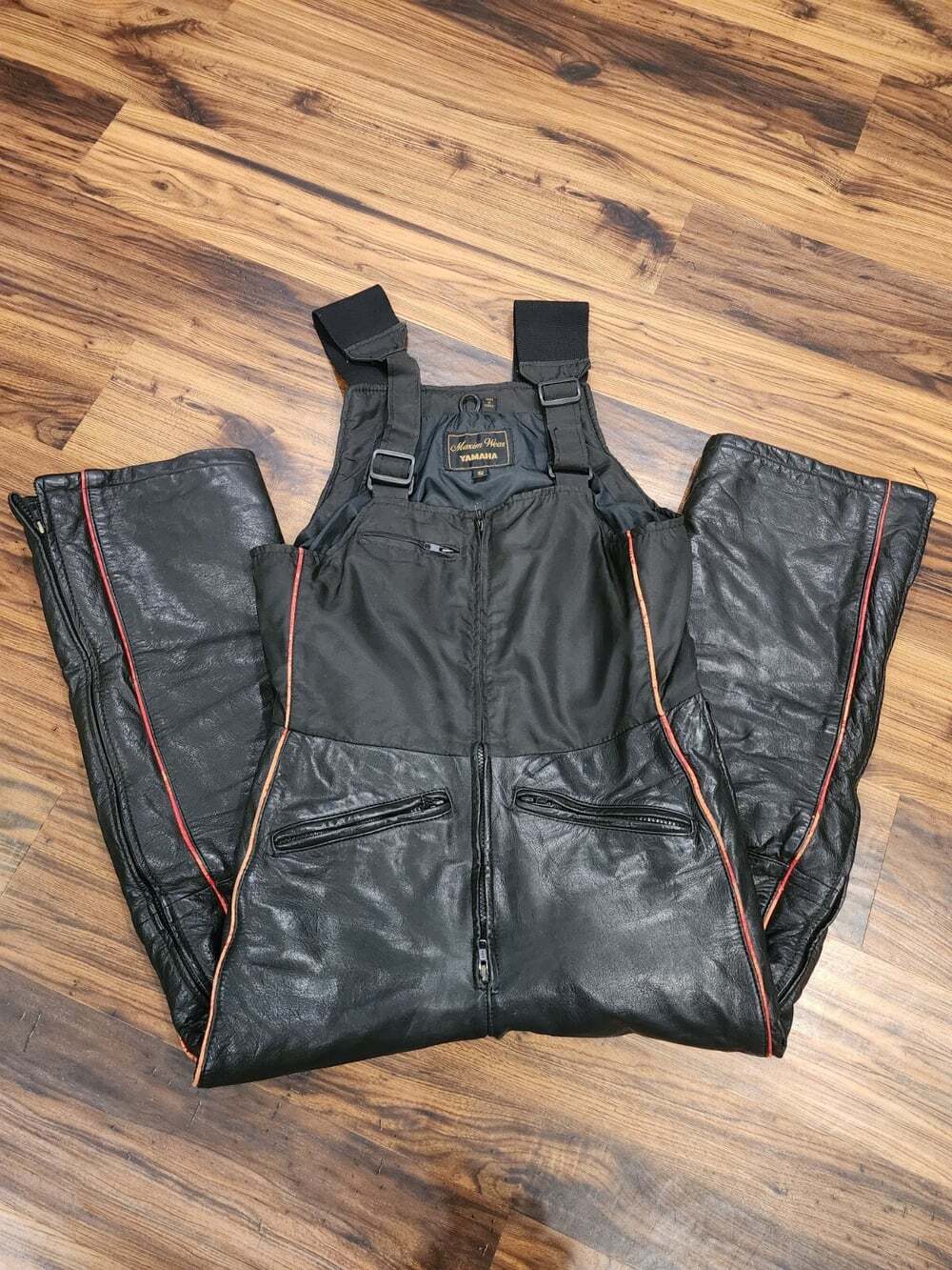 Vtg Yamaha Maxim Wear Leather Snowmobile Bibs S Black Quilted Riding Gear Moto
